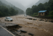 Flooded road in Sahastradhara, Dehradun during heavy rain, with two cars stuck in rising muddy water and a small house on the side, surrounded by misty green hills.