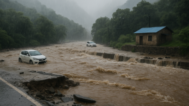 Flooded road in Sahastradhara, Dehradun during heavy rain, with two cars stuck in rising muddy water and a small house on the side, surrounded by misty green hills.