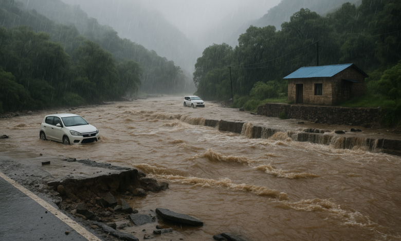 Flooded road in Sahastradhara, Dehradun during heavy rain, with two cars stuck in rising muddy water and a small house on the side, surrounded by misty green hills.