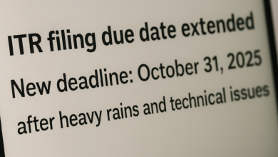 Computer screen showing updated ITR filing deadline as October 31, 2025, with a message about extension due to heavy rains and technical issues.