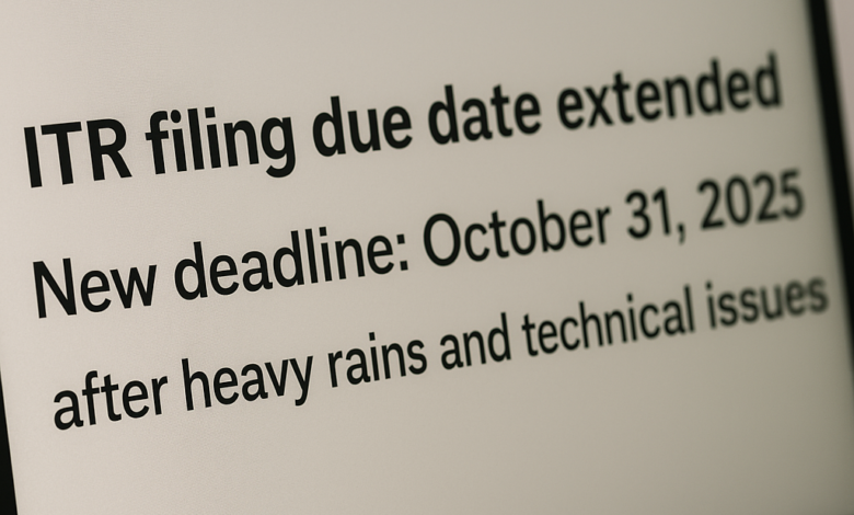Computer screen showing updated ITR filing deadline as October 31, 2025, with a message about extension due to heavy rains and technical issues.